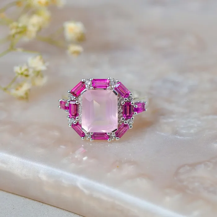 YoTreasure Rings Rose Quartz Rhodolite Garnet Solid 925 Sterling Silver Ring YoTreasure Rings Rose Quartz Rhodolite Garnet Solid 925 Sterling Silver Ring