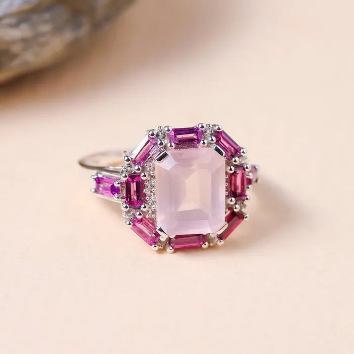YoTreasure Rings Rose Quartz Rhodolite Garnet Solid 925 Sterling Silver Ring YoTreasure Rings Rose Quartz Rhodolite Garnet Solid 925 Sterling Silver Ring