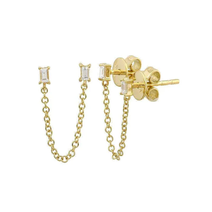 14K Gold Baguette Diamonds Chained Earring Izakov Diamonds Fine Jewelry Earrings