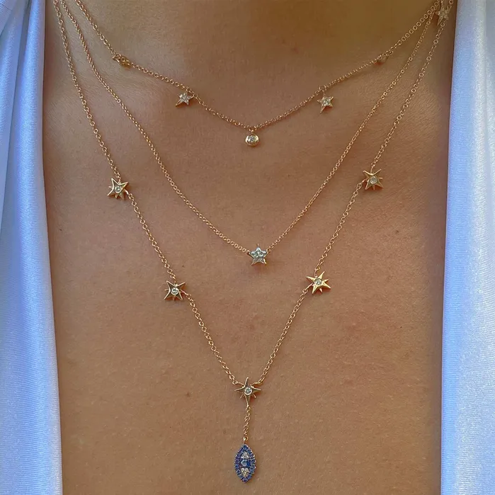 14K Gold Micro Pave Star Round Bezel Diamond Dangling Necklace Izakov Diamonds Fine Jewelry Necklaces