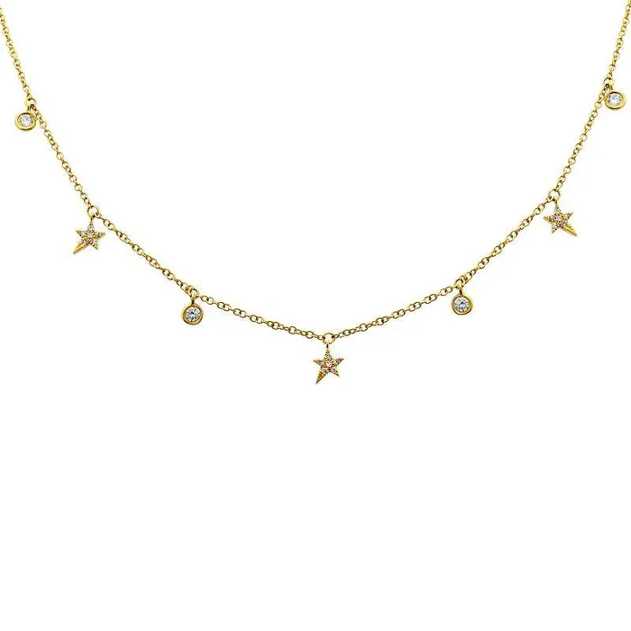 14K Gold Micro Pave Star Round Bezel Diamond Dangling Necklace Izakov Diamonds Fine Jewelry Necklaces