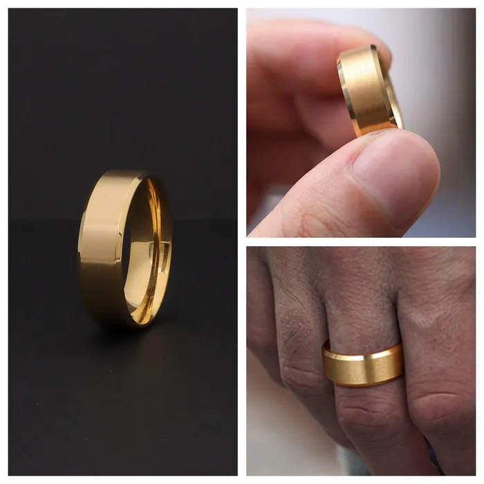18K Gold IonPlated Stainless Steel 8mm Wide Beveled Edge Band Rings Glitters PreStyled Sets