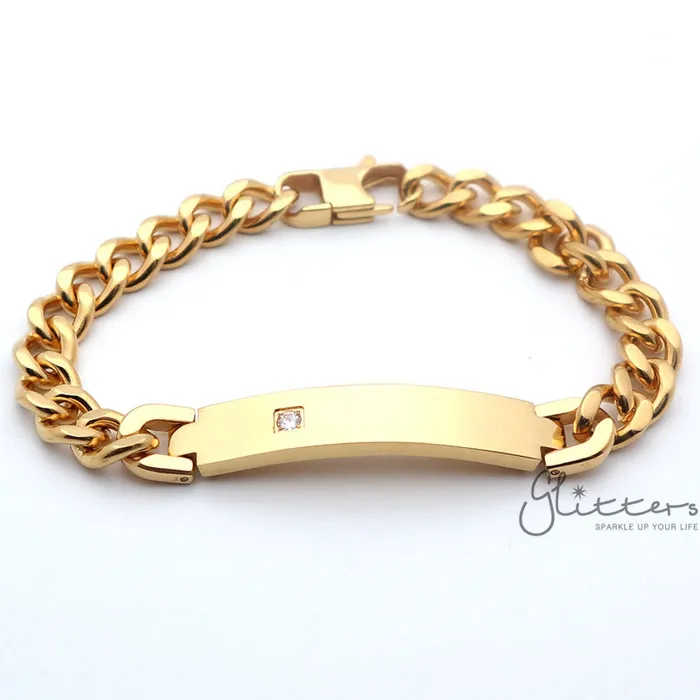 18K Gold Plated Stainless Steel Mens ID Bracelet with A Cubic Zirconia Stone Engraving Glitters Bracelets 18K Gold Plated Stainless Steel Mens ID Bracelet with A Cubic Zirconia Stone Engraving Glitters Bracelets