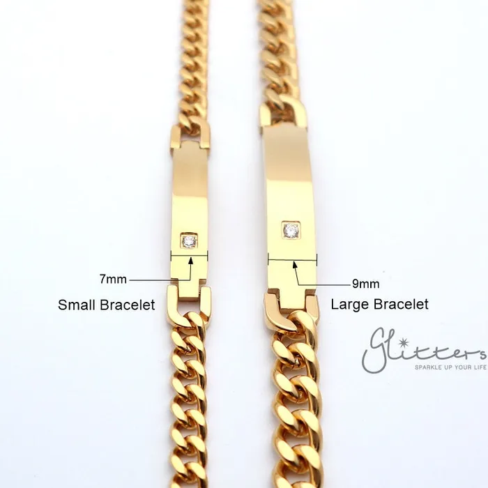 18K Gold Plated Stainless Steel Mens ID Bracelet with A Cubic Zirconia Stone Engraving Glitters Bracelets