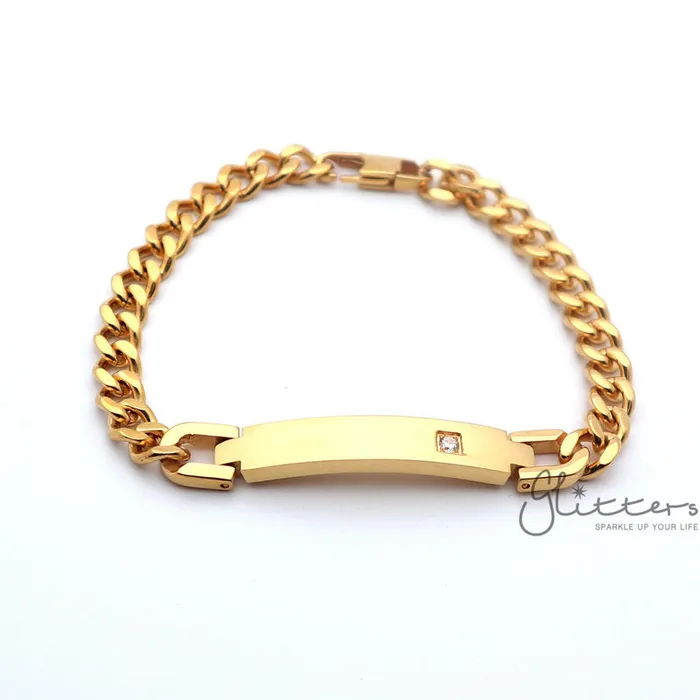 18K Gold Plated Stainless Steel Mens ID Bracelet with A Cubic Zirconia Stone Engraving Glitters Bracelets