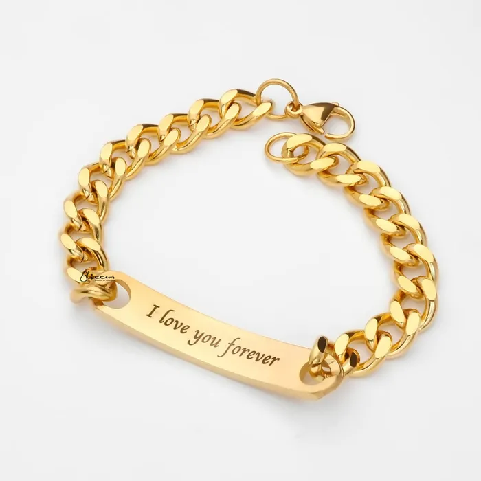 18K Gold Plated Stainless Steel Mens ID Bracelet with A Cubic Zirconia Stone Engraving Glitters Bracelets