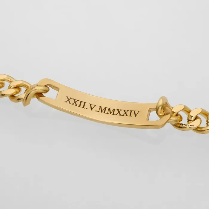 18K Gold Plated Stainless Steel Mens ID Bracelet with A Cubic Zirconia Stone Engraving Glitters Bracelets