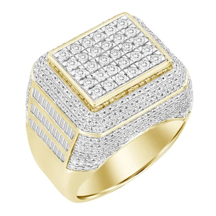 AV Rings MENS RING 215CT ROUNDBAGUETTE DIAMOND 14K YELLOW GOLD