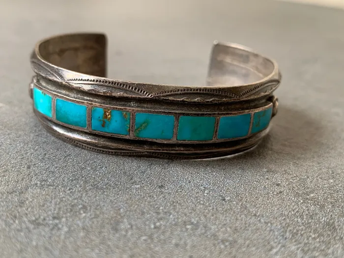 Blue Gem Turquoise sterling Silver Cuff Handmade Crown Jewels Coin Rings