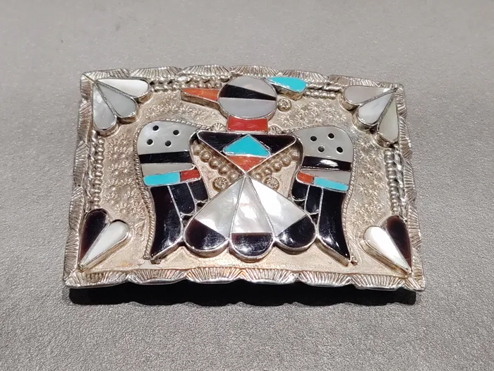 Bobbie and Corrine Shack Zuni Thunderbird Sterling Silver Belt Buckle Handmade Native American Crown Jewels Coin Rings