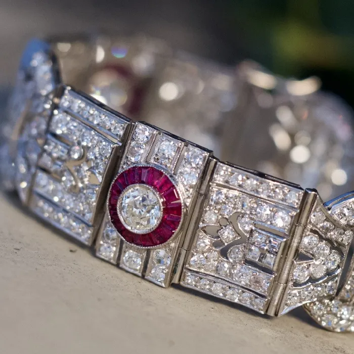 Crown Jewels Coin Bracelets FINE ESTATE JEWELRY PLATINUM DIAMOND RUBY HALO BRACELET ANTIQUE 1920S Crown Jewels Coin Bracelets FINE ESTATE JEWELRY PLATINUM DIAMOND RUBY HALO BRACELET ANTIQUE 1920S
