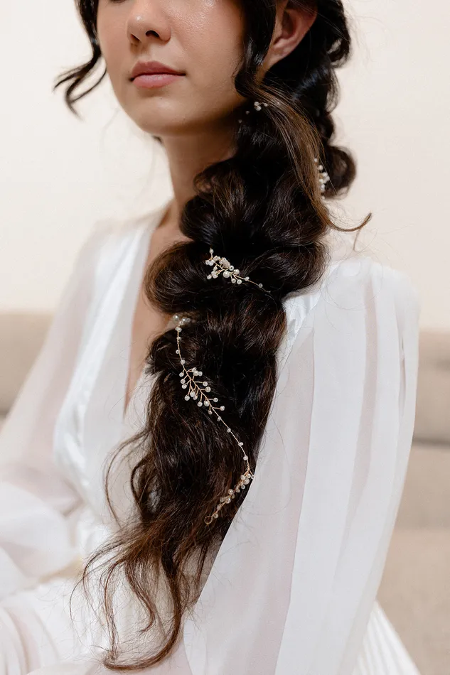 Dainty Pearl Hair Vine Jay Kay Braids and Bridal Earrings