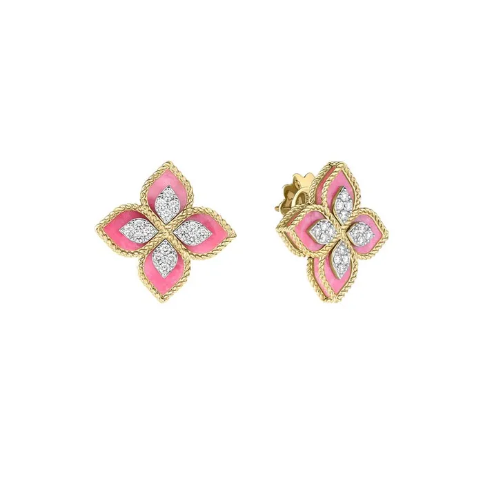 Earrings 18K Yellow Gold Rhodonite Princess Flower Earrings ROBERTO COIN
