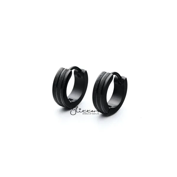 Earrings Black Titanium IP Stainless Steel Hinged Hoop Earrings with Sand Sparkle Lines Glitters