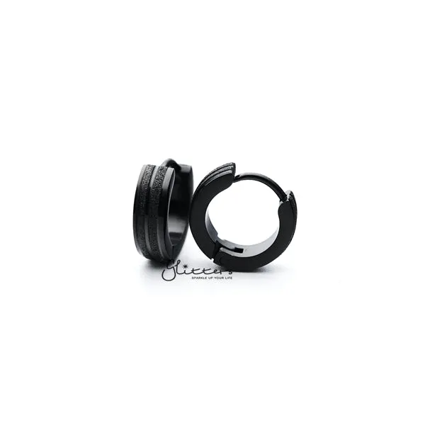 Earrings Black Titanium IP Stainless Steel Hinged Hoop Earrings with Sand Sparkle Lines Glitters