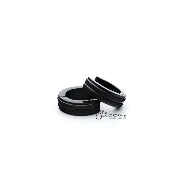 Earrings Black Titanium IP Stainless Steel Hinged Hoop Earrings with Sand Sparkle Lines Glitters