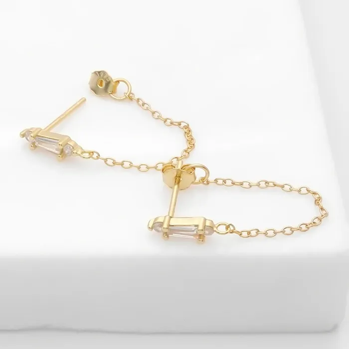Earrings CZ Stud with Chain Earrings Gold Glitters