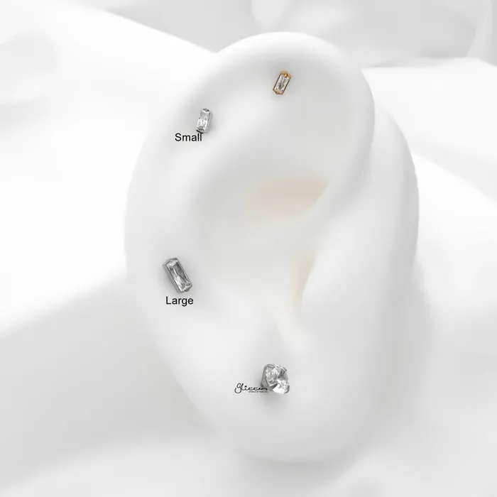 Earrings Glitters Baguette CZ Top Internally Threaded Flat Back Stud Earrings