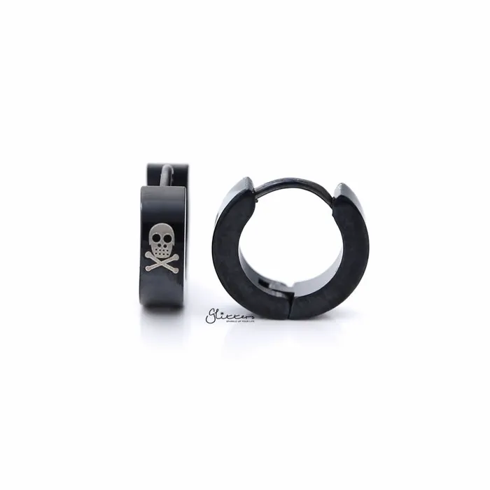 Earrings Glitters Black Titanium IP Stainless Steel Skull Hinged Hoop Earrings