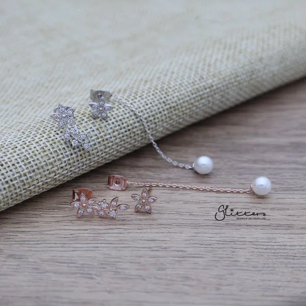 Earrings Glitters CZ Flower Sterling Silver Post Stud Earrings with Drop Chain Pearl Earrings Glitters CZ Flower Sterling Silver Post Stud Earrings with Drop Chain Pearl