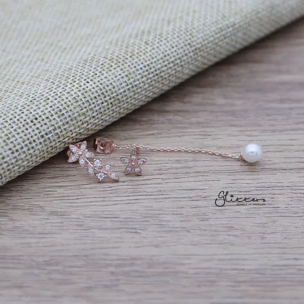 Earrings Glitters CZ Flower Sterling Silver Post Stud Earrings with Drop Chain Pearl