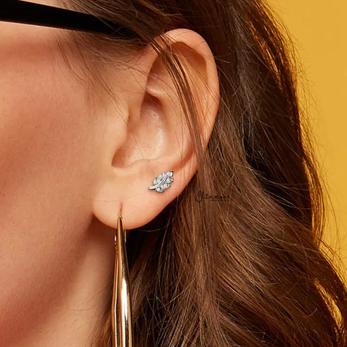Earrings Glitters CZ Paved Leaf Top on Internally Threaded Flat Back Stud Gold
