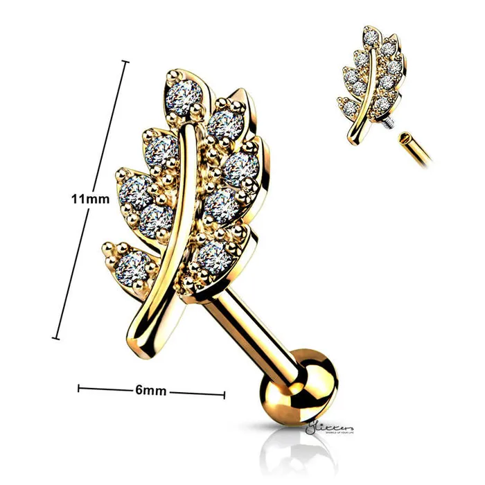 Earrings Glitters CZ Paved Leaf Top on Internally Threaded Flat Back Stud Gold