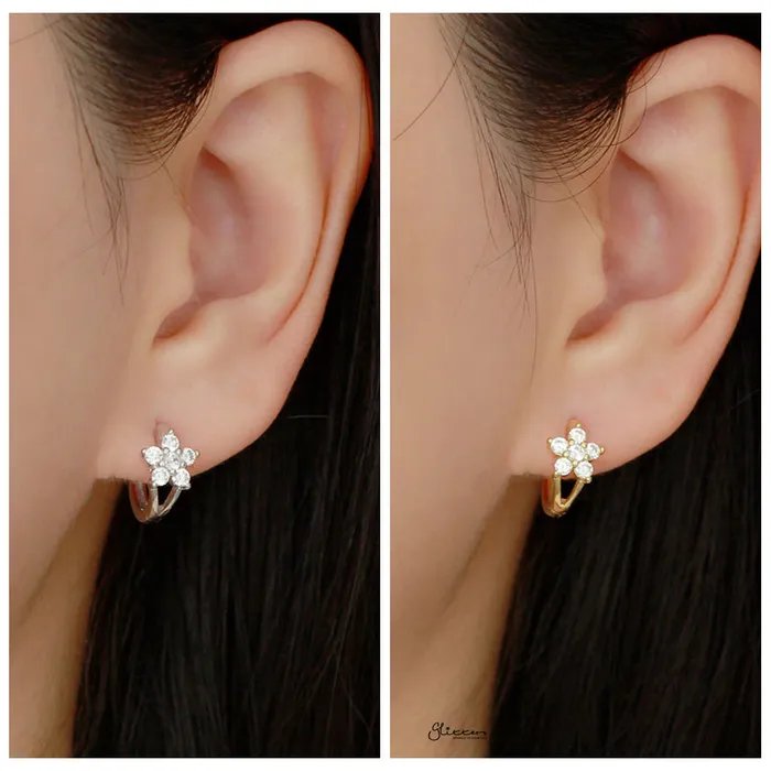 Earrings Glitters CZ Flower Huggie Hoop Earrings Gold