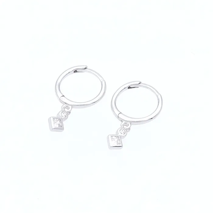 Earrings Glitters Rhombus and Round CZ Charm Hoop Earrings Silver