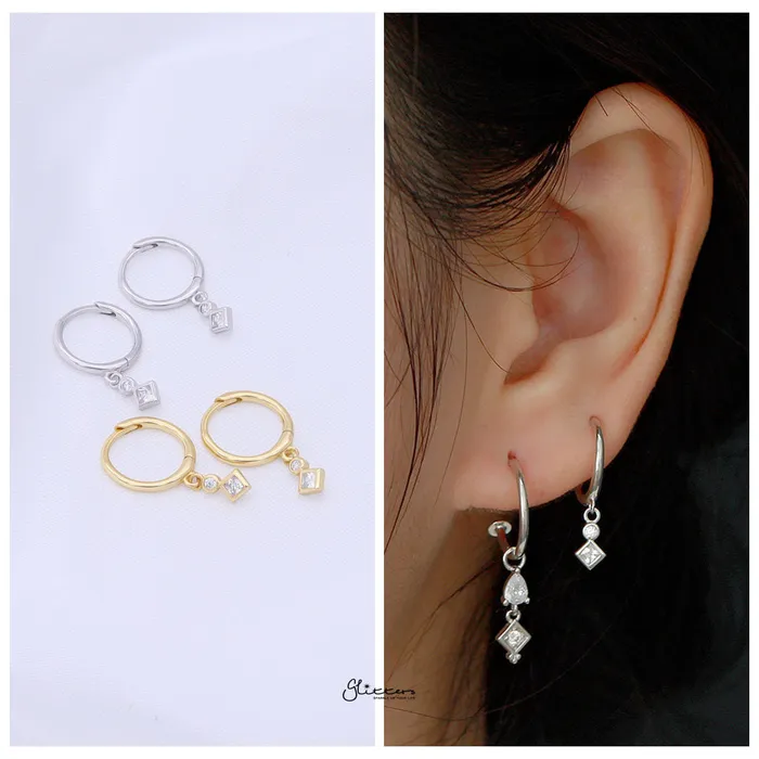 Earrings Glitters Rhombus and Round CZ Charm Hoop Earrings Silver