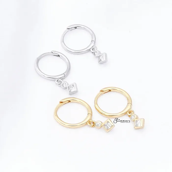 Earrings Glitters Rhombus and Round CZ Charm Hoop Earrings Silver