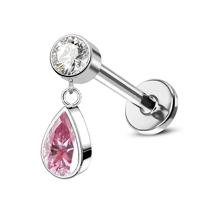 Earrings Glitters Teardrop CZ Top Internally Threaded Flat Back Stud Earrings Pink