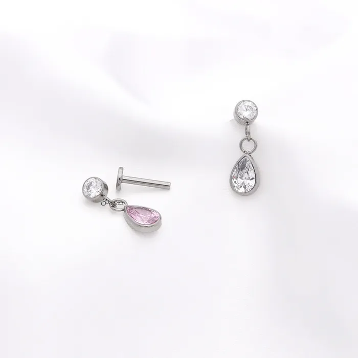 Earrings Glitters Teardrop CZ Top Internally Threaded Flat Back Stud Earrings Pink