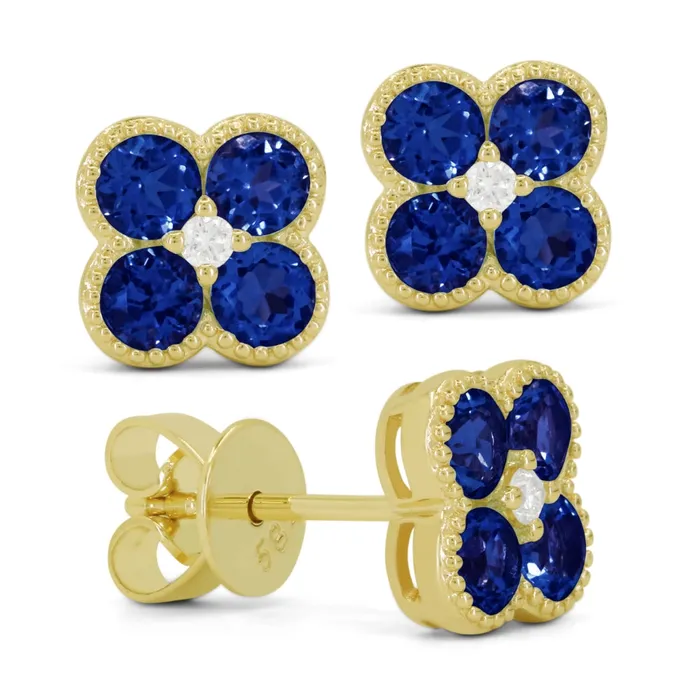 Earrings Madison L 14K Yellow Gold 134ctw Cluster Style Round Created Blue Corundums and Diamonds Earrings MADISON L
