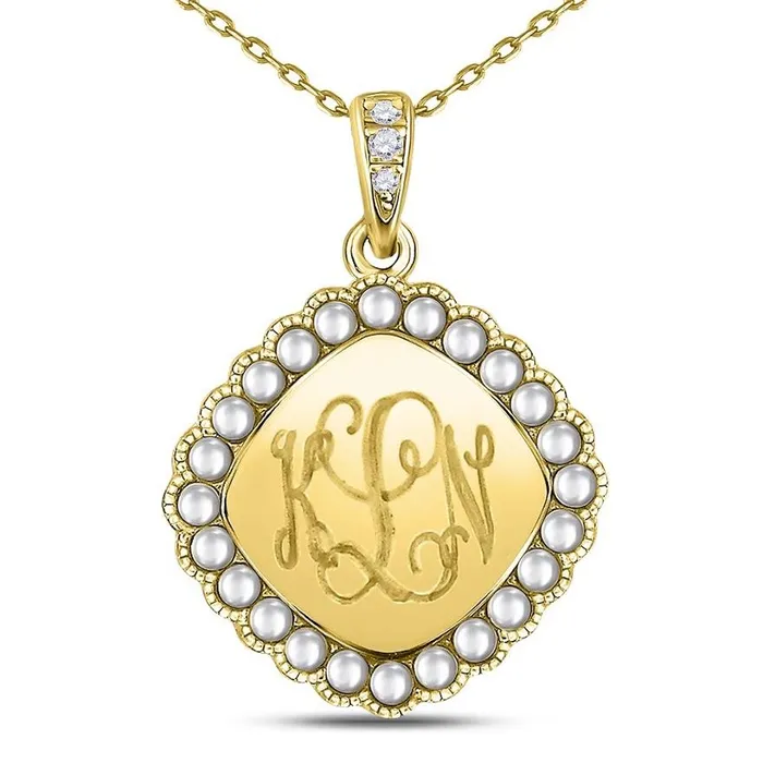 Engraved Jewelry Necklaces Sterling Silver Pearl Square Necklace