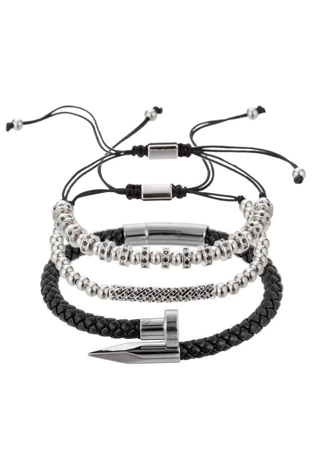 Eye Candy LA Bracelets Solomun 3 Piece Leather and Brass Beaded Bracelet Set