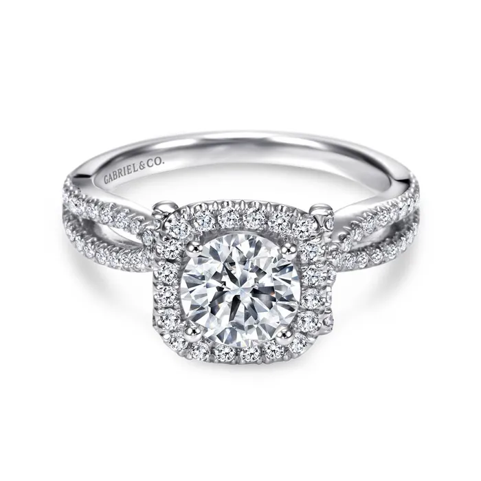 Gabriel 14K White Gold 50ctw Cushion Halo Style Diamond SemiMount Engagement Ring GABRIEL CO Rings