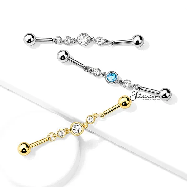 Glitters 316L Surgical Steel Triple Round CZ Chain Industrial Barbell Necklaces Glitters 316L Surgical Steel Triple Round CZ Chain Industrial Barbell Necklaces