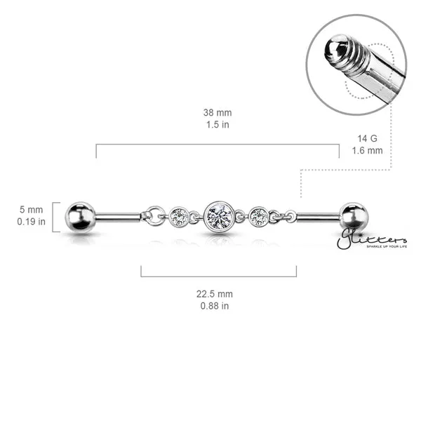 Glitters 316L Surgical Steel Triple Round CZ Chain Industrial Barbell Necklaces