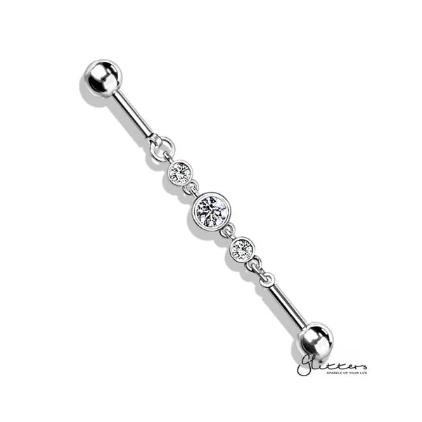 Glitters 316L Surgical Steel Triple Round CZ Chain Industrial Barbell Necklaces
