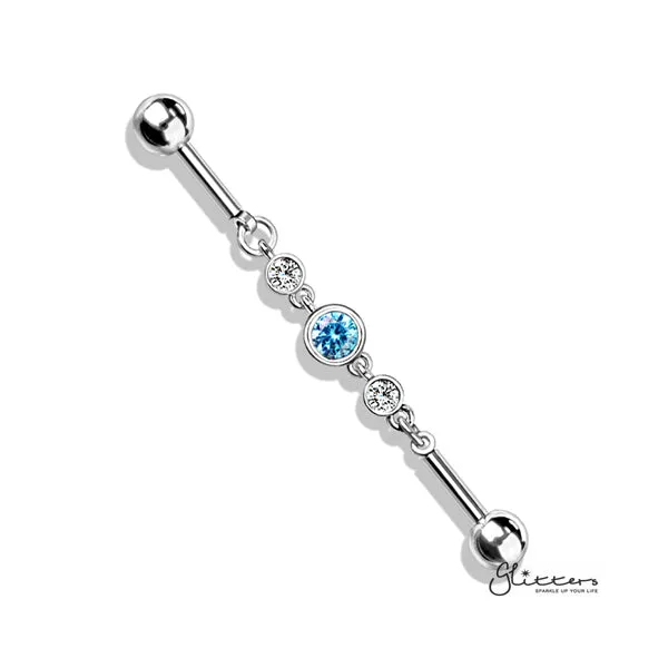 Glitters 316L Surgical Steel Triple Round CZ Chain Industrial Barbell Necklaces