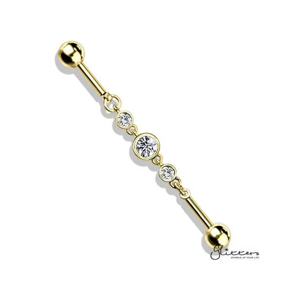 Glitters 316L Surgical Steel Triple Round CZ Chain Industrial Barbell Necklaces