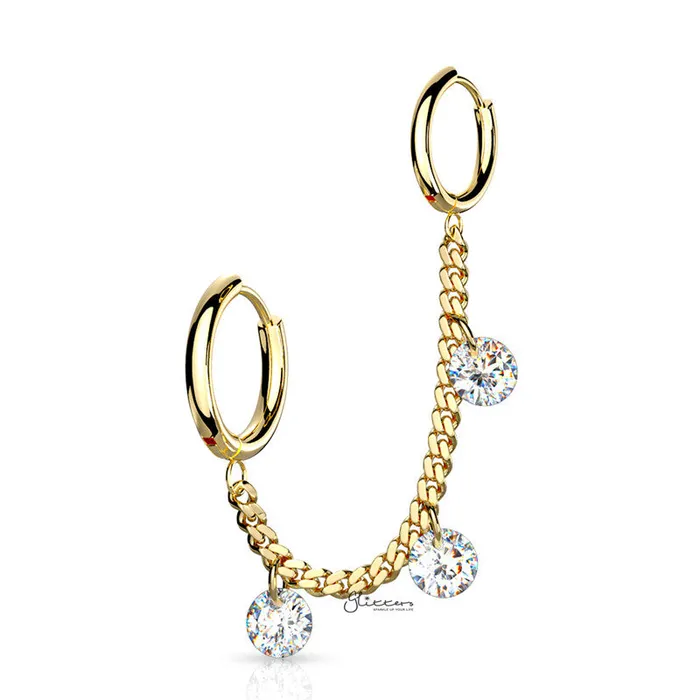 Glitters Earrings 3 CZ Dangle 316L Surgical Steel Chain Linked Ear Huggie Hoops Gold