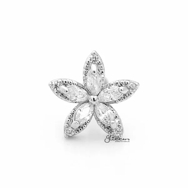 Glitters Earrings CZ Flower Internally Threaded Top CartilageTragus Flat Back Stud Silver
