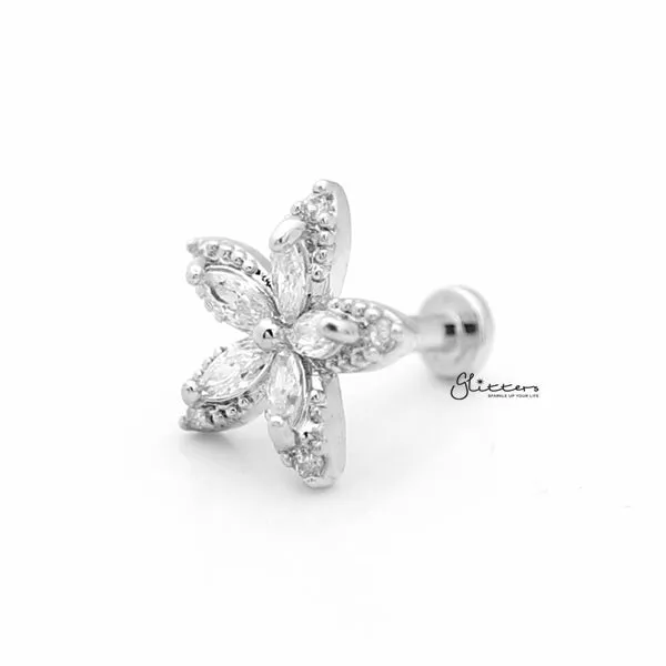 Glitters Earrings CZ Flower Internally Threaded Top CartilageTragus Flat Back Stud Silver
