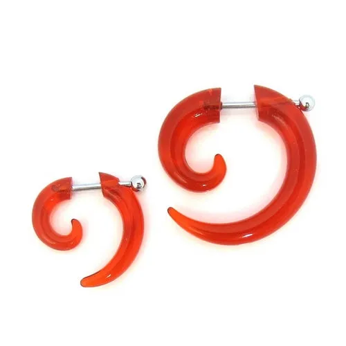 Glitters Earrings Red Acrylic Fake Spiral Ear Taper with Surgical Steel Bar