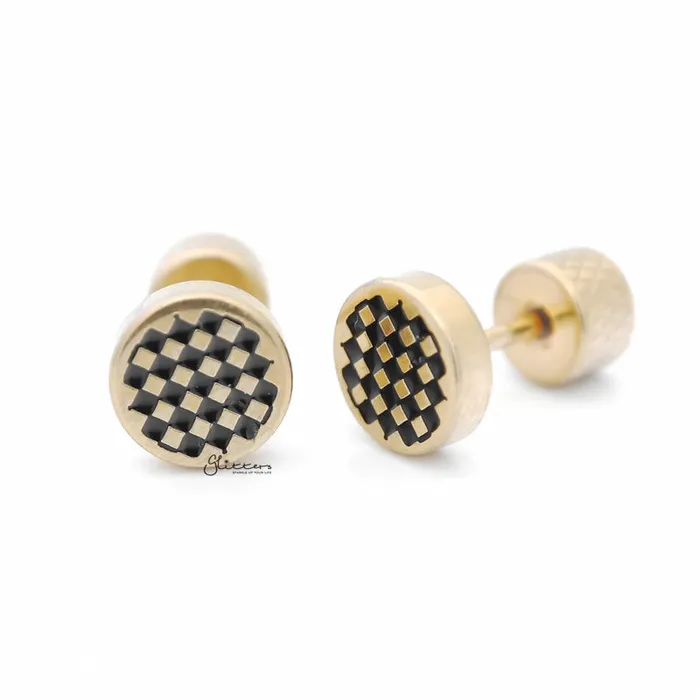 Glitters Earrings Round Checkerboard Fake Plug Earring Gold