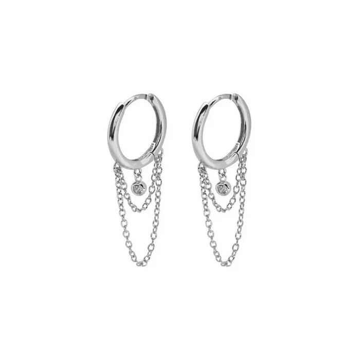 Glitters Earrings Round CZ Charm with Chains Huggie Hoop Earrings Silver