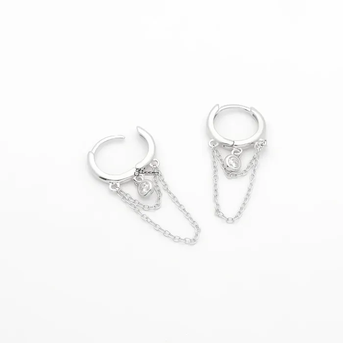 Glitters Earrings Round CZ Charm with Chains Huggie Hoop Earrings Silver