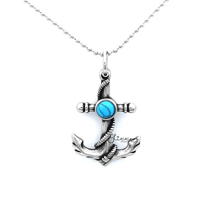 Glitters Necklaces Stainless Steel Anchor and Rope Pendant with Turquoises